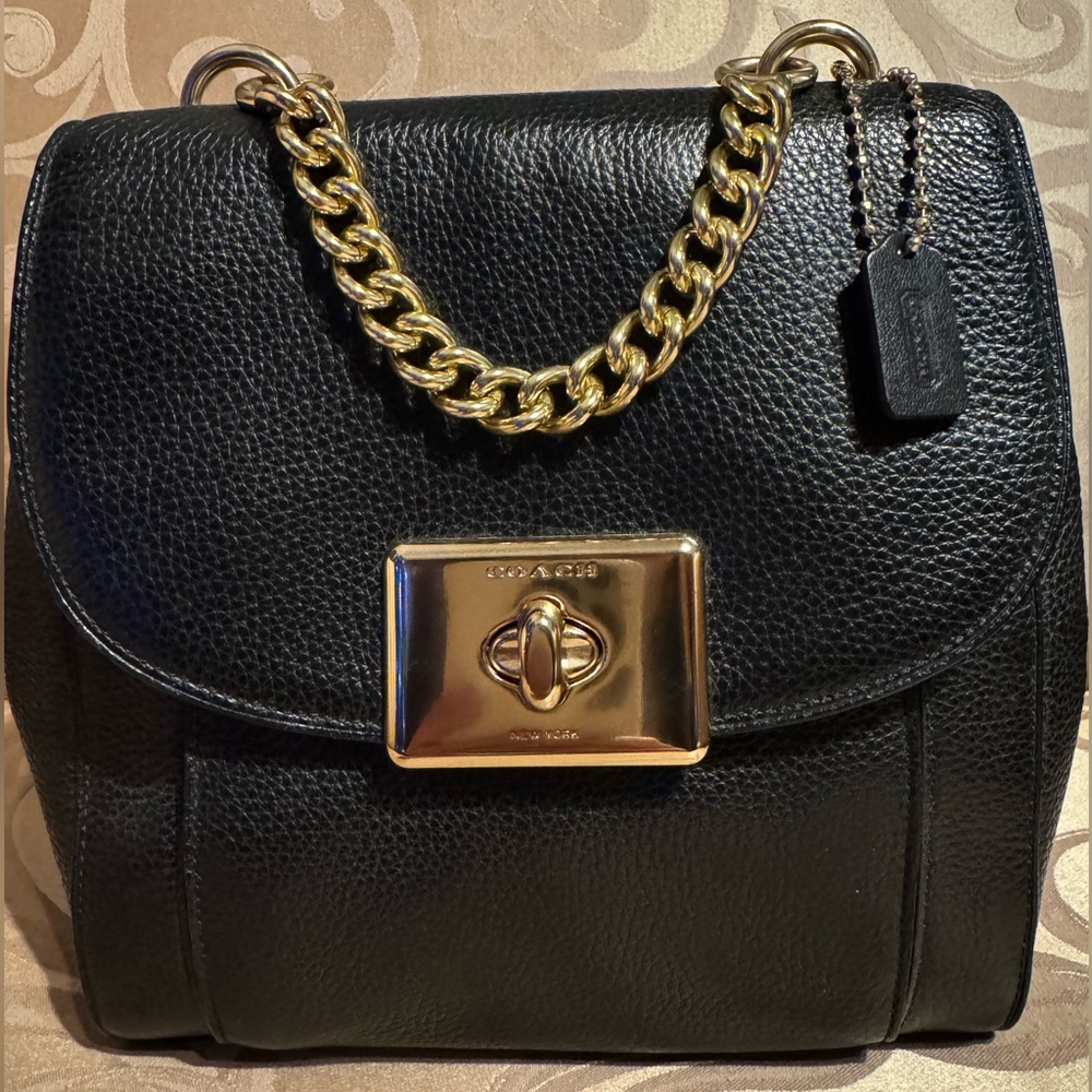 Coach Black Leather Backpack with Gold Chain